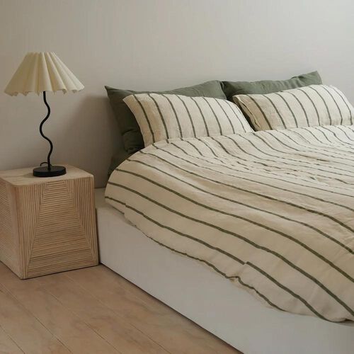 Home Lab 100% French Flax Linen Duvet Cover Set - Lichen Stripe